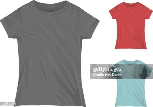 ilustraciones, imágenes clip art, dibujos animados e iconos de stock de mujeres crewneck camiseta de plantillas de modelo - wrinkled