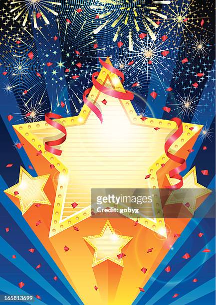 illustrations, cliparts, dessins animés et icônes de étoiles de célébration avec feux d'artifice de streamers confetti et, - star burst