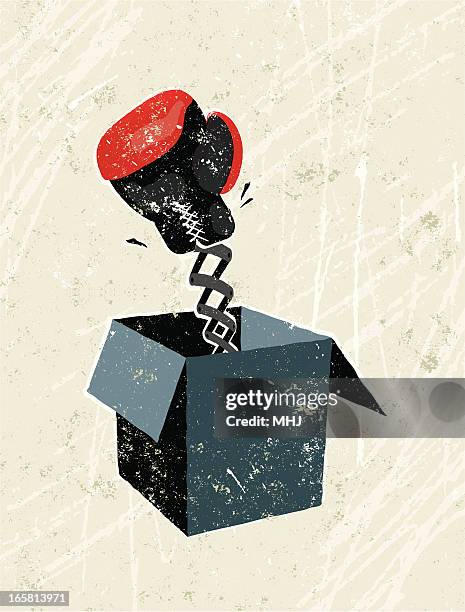 boxing glove springing out of a box - strike protest action stock illustrations