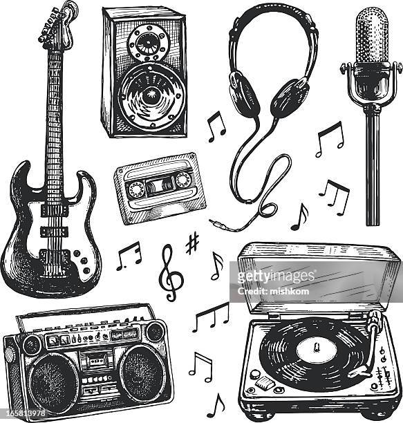 ilustraciones, imágenes clip art, dibujos animados e iconos de stock de elementos de diseño de música - auriculares equipo de música