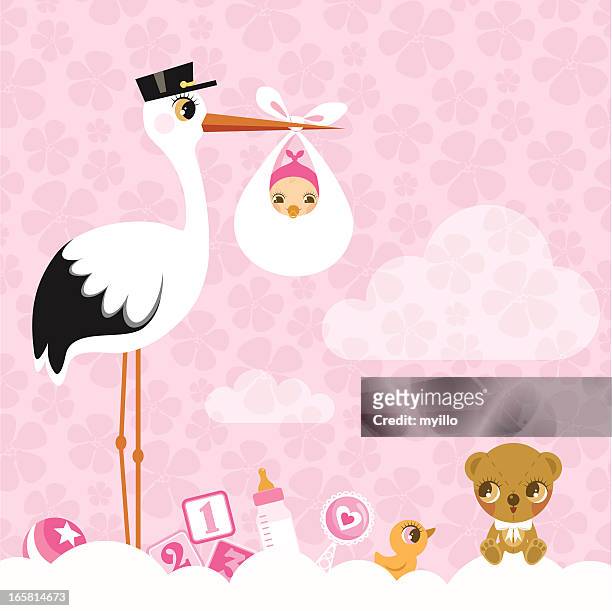 コウは女の子ます。新生児のピンクのベビーシャワーの招待状かわいい - 女の赤ちゃん点のイラスト素材／クリップアート素材／マンガ素材／アイコン素材