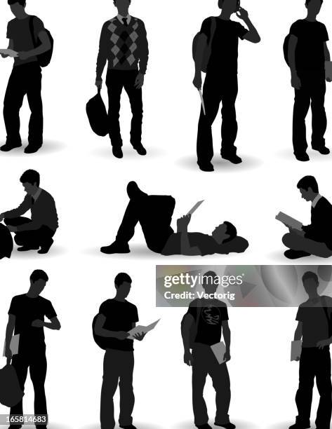 ilustrações de stock, clip art, desenhos animados e ícones de silhueta de alunos - jovens estudando