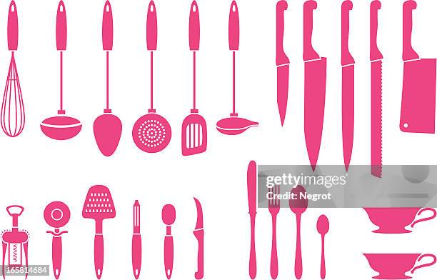 bildbanksillustrationer, clip art samt tecknat material och ikoner med icons of kitchen utensils and appliances in pink - pizzaskärare