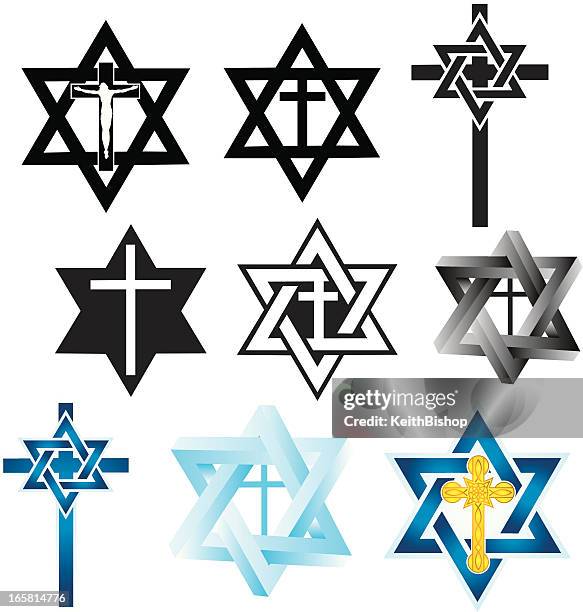 ilustraciones, imágenes clip art, dibujos animados e iconos de stock de judaísmo messianic símbolos, estrella de david, religiosas cross - david cruz