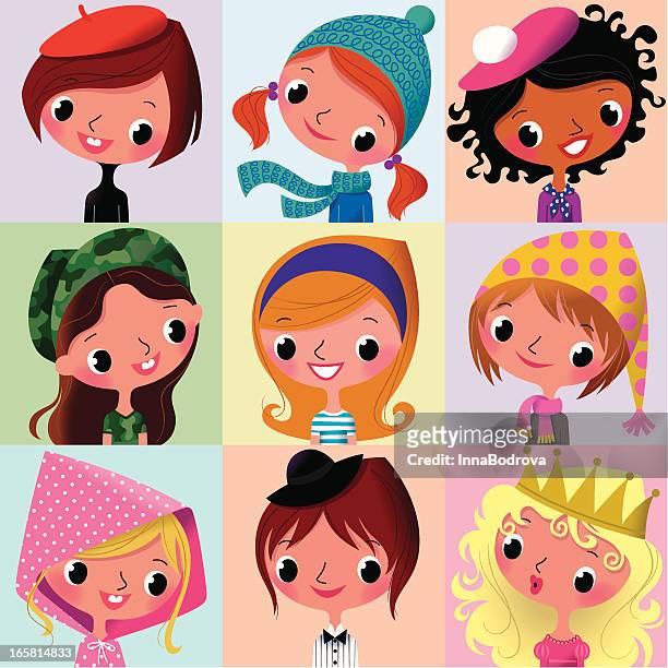 girls faces collection_ii. - pretty brunette woman cartoon stock illustrations
