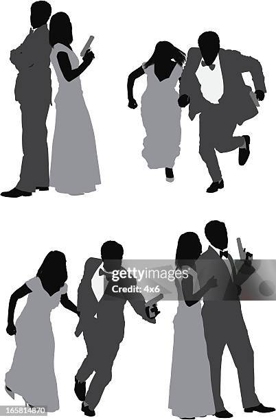 couple with hand gun - evening gown silhouette stock illustrations