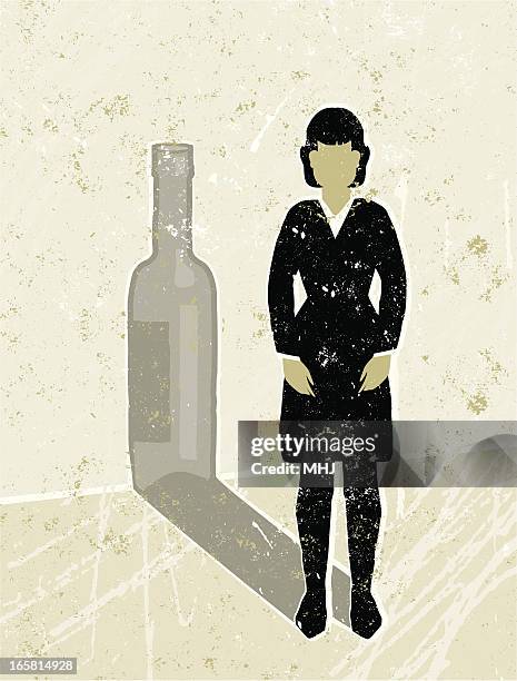 ilustraciones, imágenes clip art, dibujos animados e iconos de stock de empresaria discutiendo una botella de vino de sombra - alcoholismo
