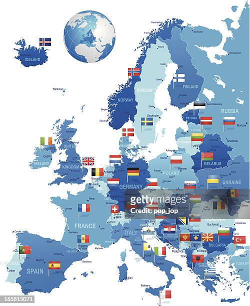 illustrazioni stock, clip art, cartoni animati e icone di tendenza di europa mappa con bandiera pin - denmark germany