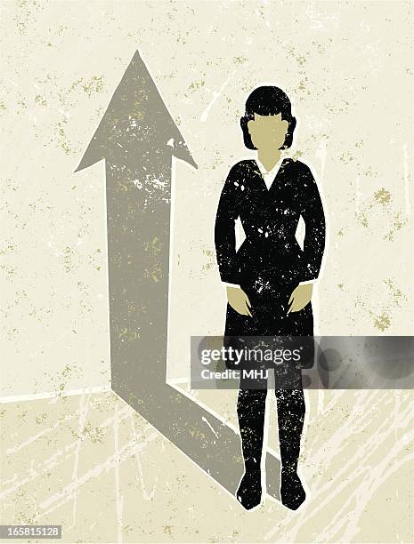 business woman casting an arrow shaped shadow - screen printing process stock illustrations