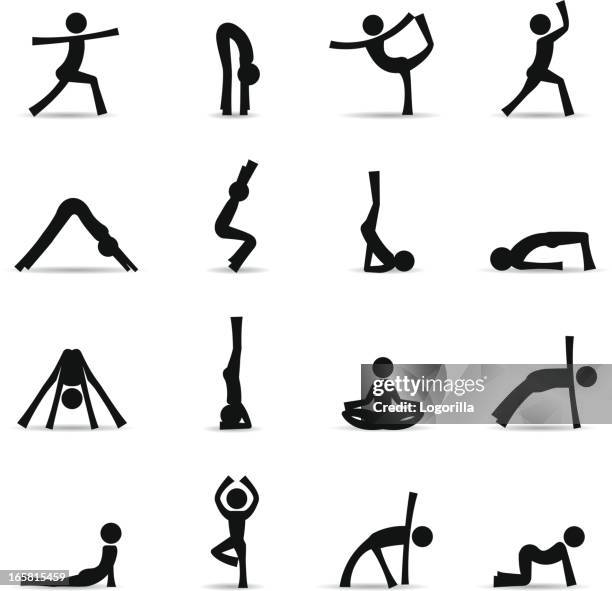 yoga poses and positions - icons - stick figure exercise stock illustrations