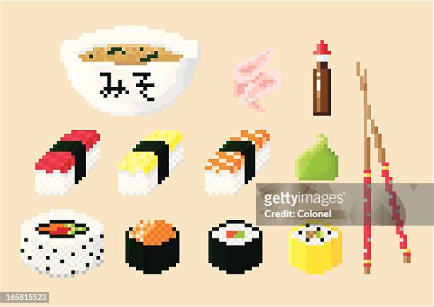 pixel art sushi set - japanese food stock illustrations