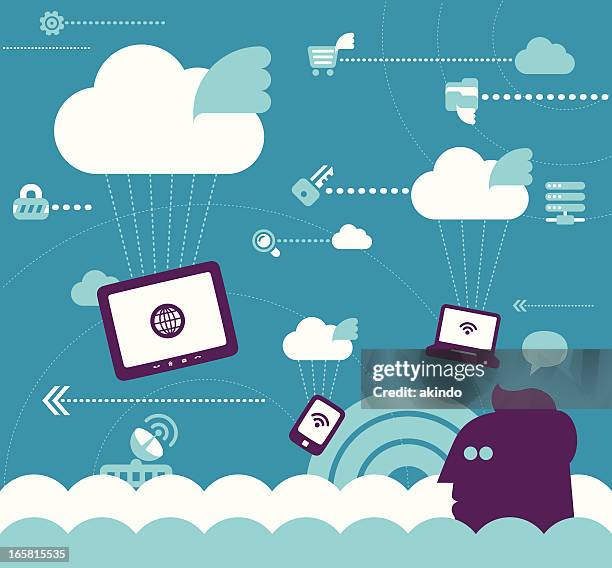 cloud computing - man thinking at computer stock illustrations