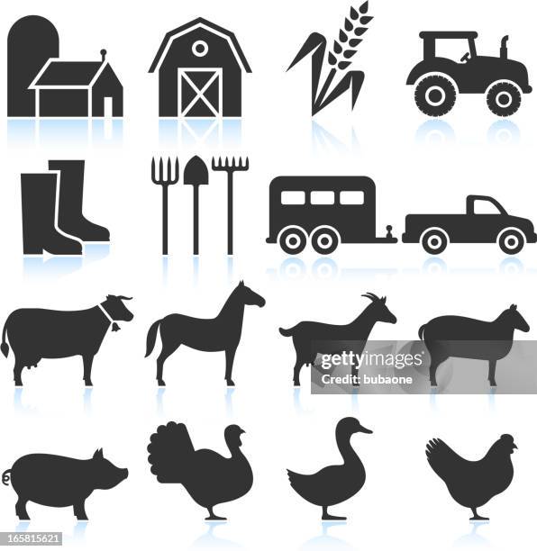 farm equipment and animals black & white vector icon set - pitchfork stock illustrations