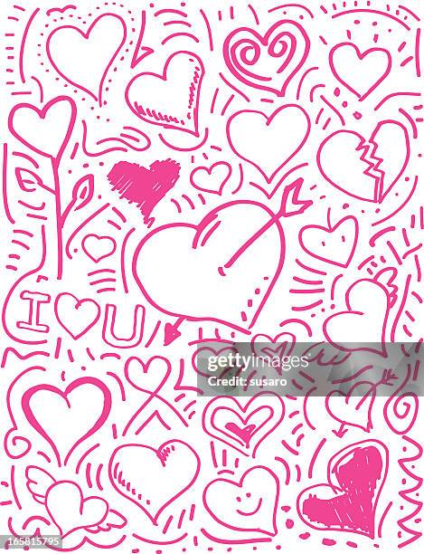 stockillustraties, clipart, cartoons en iconen met pink love heart valentine doodles - opgerold