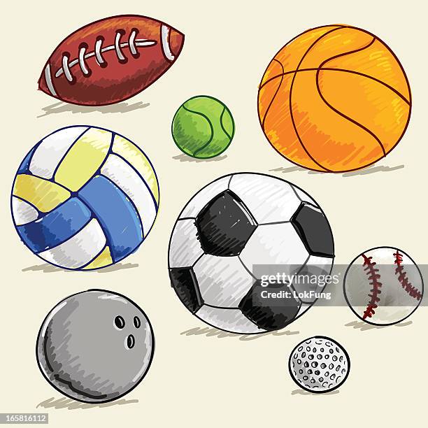 illustrazioni stock, clip art, cartoni animati e icone di tendenza di collezione sport a colori schizzo - soccer ball