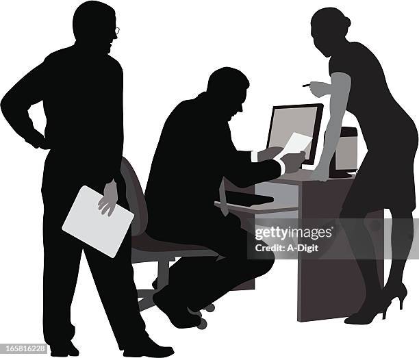 business issues vector silhouette - person using desktop computer stock illustrations