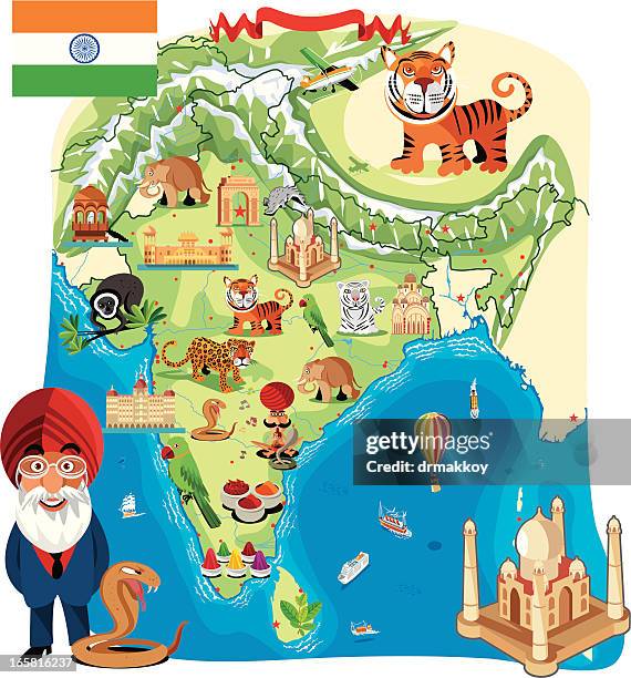 cartoon map of india - khajuraho stock illustrations