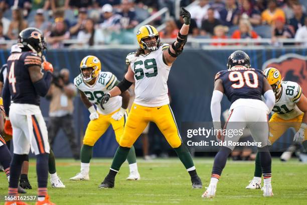 Offensive tackle David Bakhtiari of the Green Bay Packers looks to make a play during an NFL football game against the Chicago Bears at Soldier Field...
