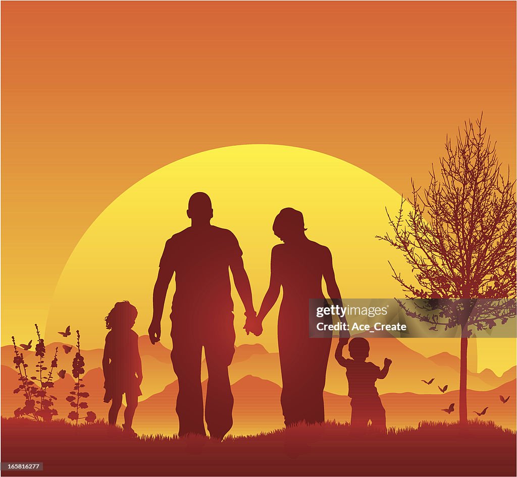 Joven Familia Caminando En Silueta Durante Una Magnífica Puesta De Sol Ilustración de stock - Getty Images