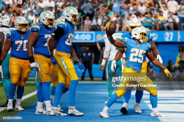 Inglewood, CA, Sunday, Sept. 10, 2023 - Los Angeles Chargers running back Joshua Kelley celebrates after scoring a second half touchdown against the...