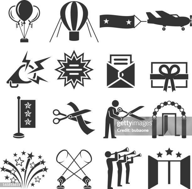 ilustrações, clipart, desenhos animados e ícones de cortando fita cerimônia preto & branco, vector conjunto de ícones - cerimônia de abertura