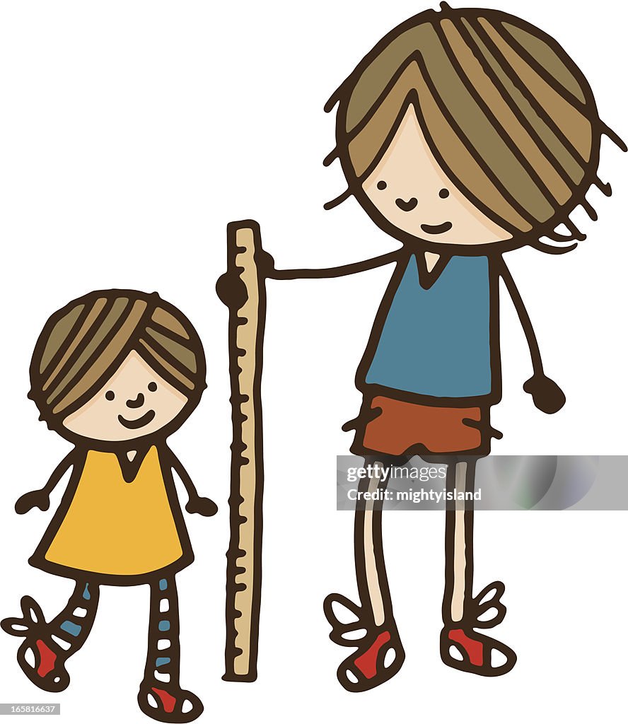 Measuring how tall his kid sister is