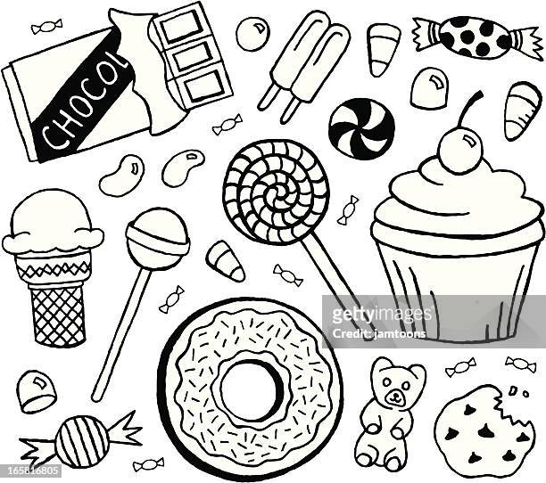 stockillustraties, clipart, cartoons en iconen met sweets doodles - black and white food illustration