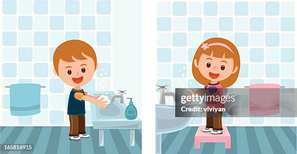stockillustraties, clipart, cartoons en iconen met boy and girl washing hands - girls taking a showering