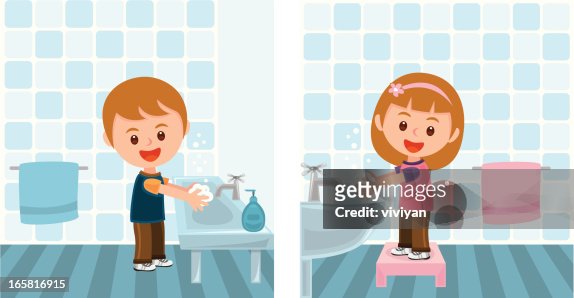 Boy And Girl Washing Hands High-Res Vector Graphic - Getty Images