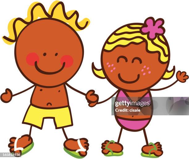 happy summer children cartoon illustration - black people in bathing suits stock illustrations