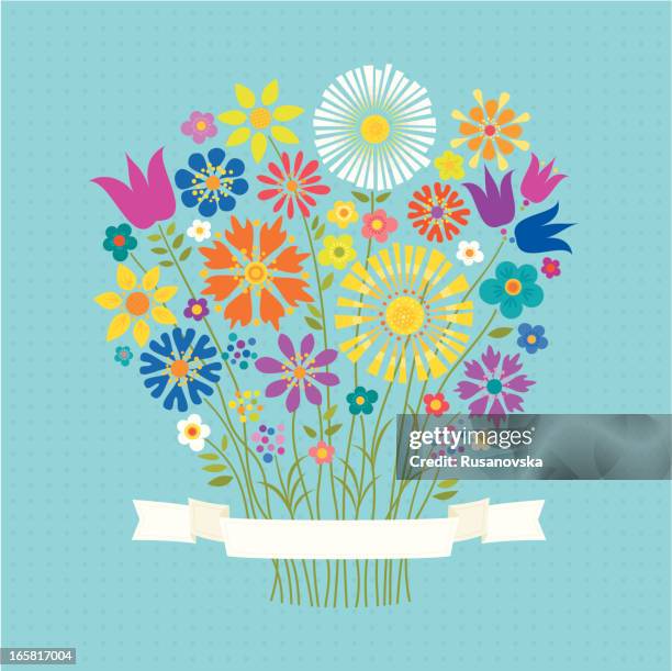 a bouquet of colorful flowers wrapped in a white bow - bouquet stock illustrations