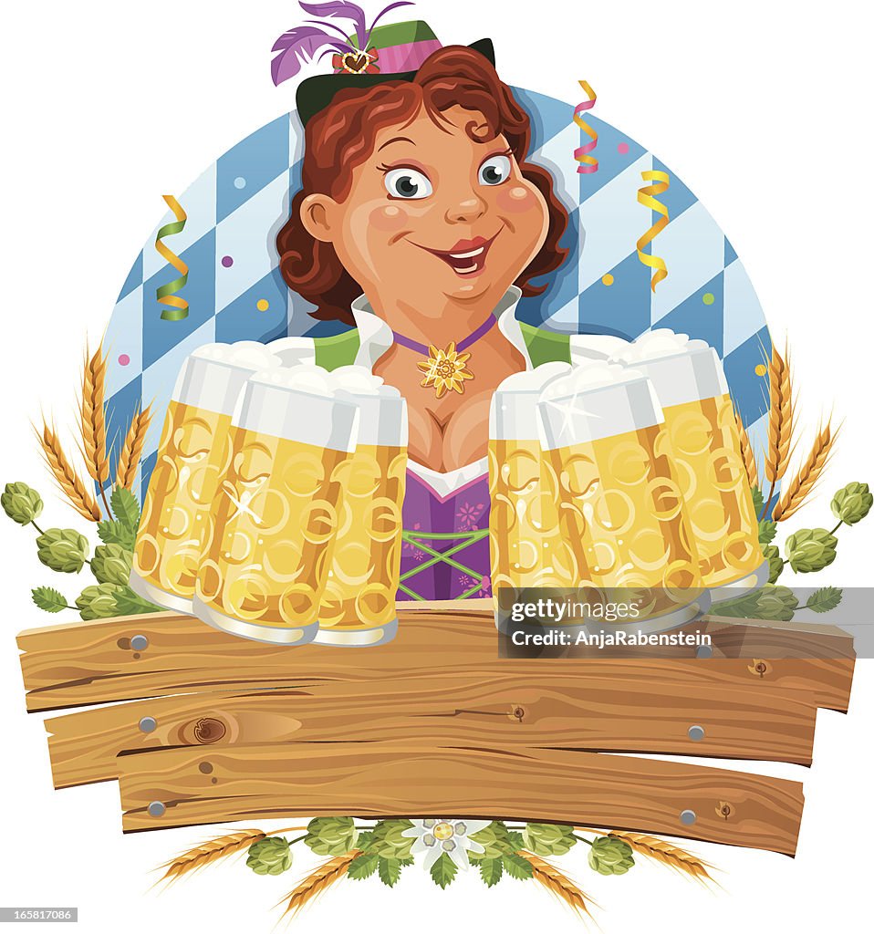 Funny Beer Fest Waitress wearing a dirndl serving lots of Beer