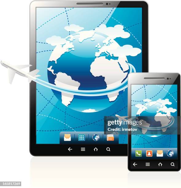 ilustraciones, imágenes clip art, dibujos animados e iconos de stock de tablet pc y teléfono táctil - copiloto piloto de aeronave