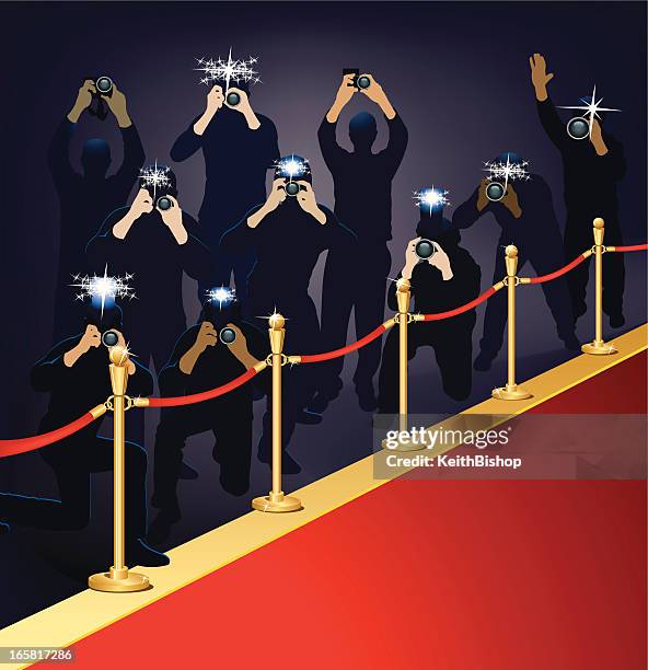 ilustraciones, imágenes clip art, dibujos animados e iconos de stock de paparazzi de fotógrafos y reporteros gráficos en la alfombra roja - paparazzi photographer