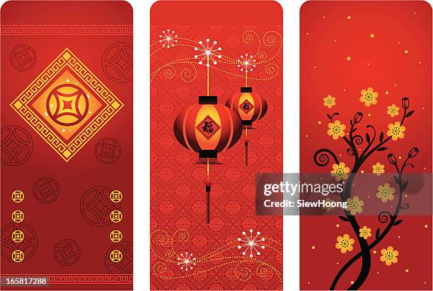 stockillustraties, clipart, cartoons en iconen met 3 red and gold banners with asian lanterns and flowers - lantern festival cherry blossom