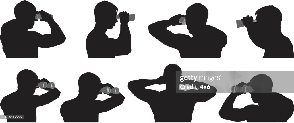 Multiple images of a man looking through binoculars