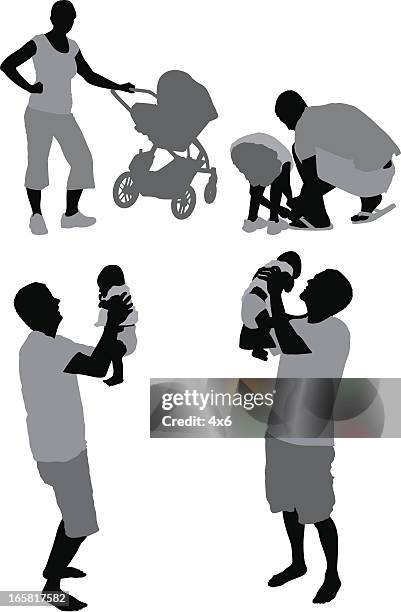 parents with their children - stroller side view white background stock illustrations