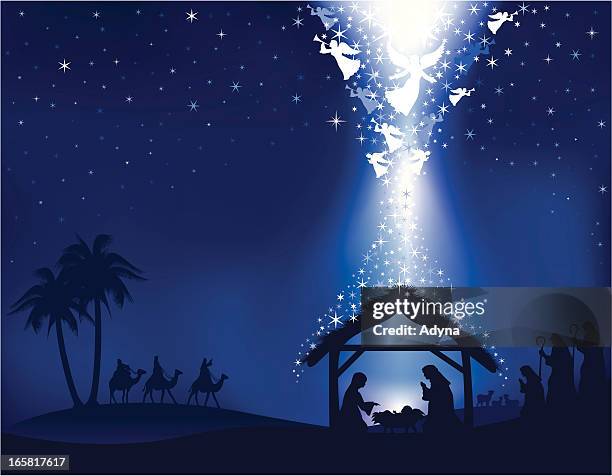 nativity hintergrund blau - neugeborenes tier stock-grafiken, -clipart, -cartoons und -symbole