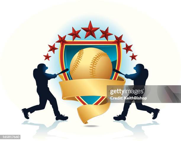 baseball batters with banner shield - baseball player swing stock illustrations