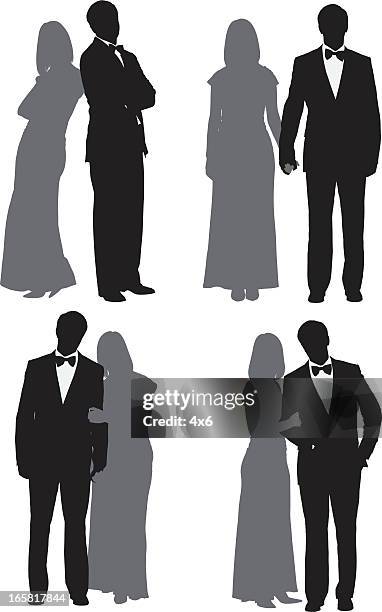 multiple images of a couple - evening gown silhouette stock illustrations