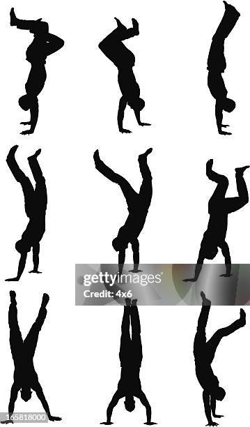 multiple images of a man doing handstand - gymnastics stock illustrations