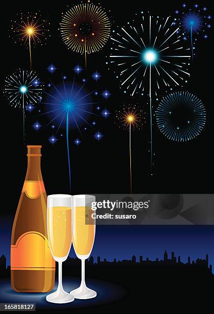 champagne and fireworks - date night romance stock illustrations