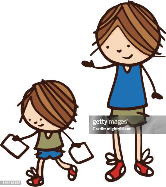 boy with child running and holding note - wave goodbye stock illustrations