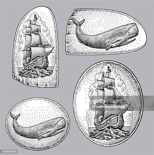 ilustraciones, imágenes clip art, dibujos animados e iconos de stock de náutica scrimshaw-ballena; barco de vela - tall ship