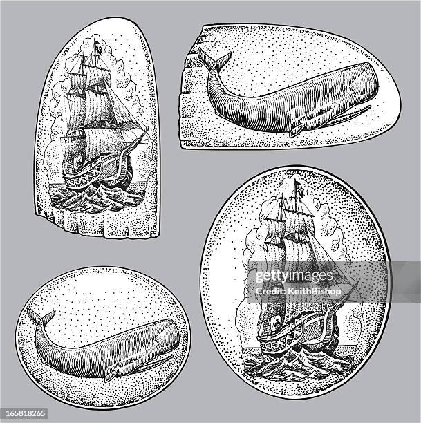nautical scrimshaw - whale, sailboat - brigantine 幅插畫檔、美工圖案、卡通及圖標