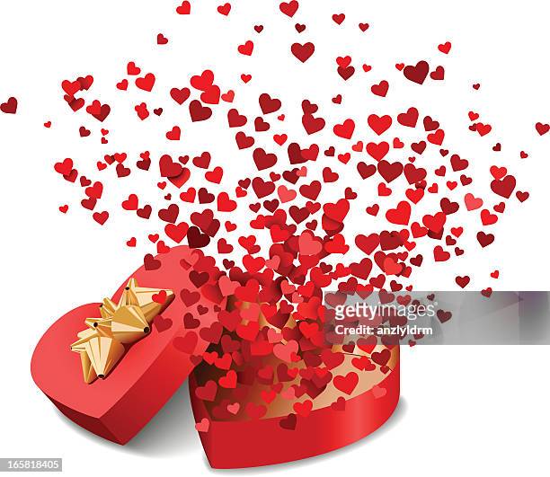 stockillustraties, clipart, cartoons en iconen met red and pink small hearts in heart-shaped box illustration - heart box ribbon