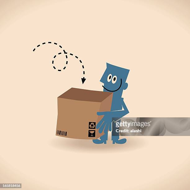 mann mit einer kartonverpackung box eröffnet - lagermitarbeiter stock-grafiken, -clipart, -cartoons und -symbole