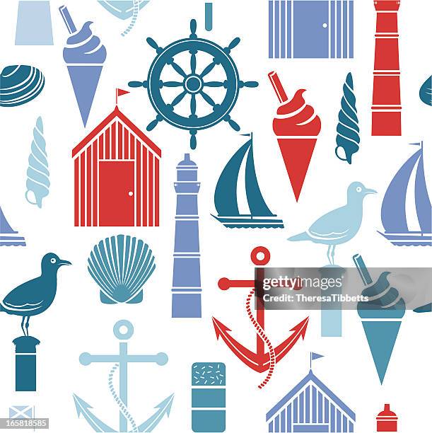 seaside repeat pattern - beach hut stock illustrations