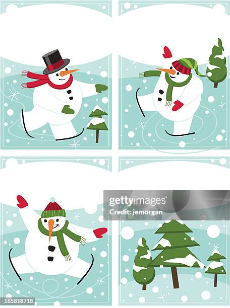 snowmen skaters gift tags - cold hands gloves stock illustrations