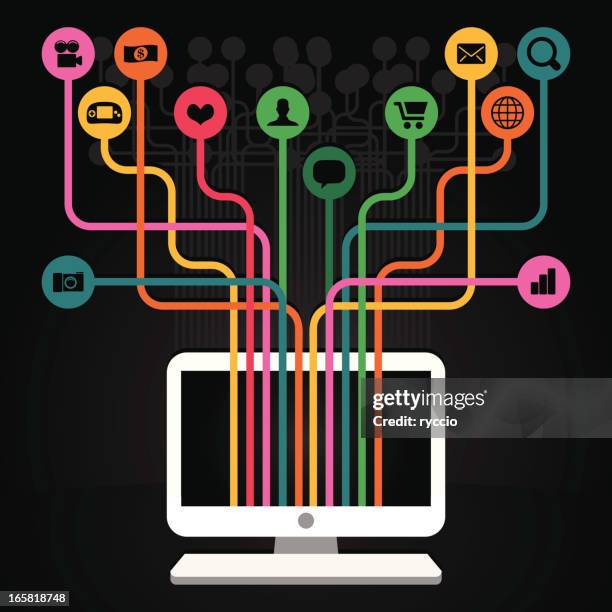 happy desktop pc with icons - emitting stock illustrations
